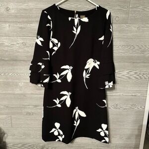 Taylor Womens Black White Floral Ruffle‎ Bell Sleeve Shift Dress Size 6